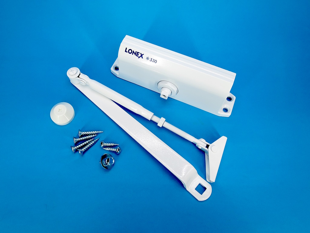 фото товара Доводчик дверной LONEX 330 EN3/4/5 белый, с рыч. тягой, 120кг (- 30гр) (НОРА-М)