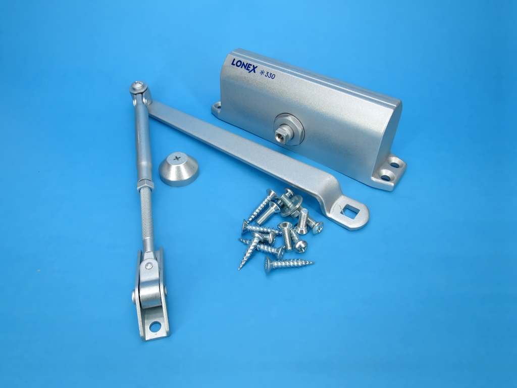 фото товара Доводчик дверной LONEX 330 EN3/4/5 серебро, с рыч. тягой, 50-110кг (- 30гр)